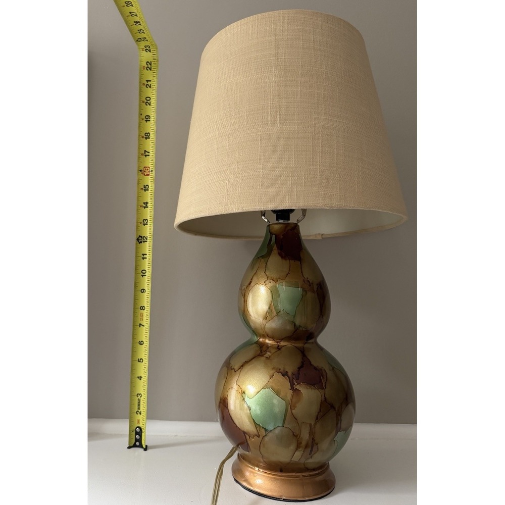 Decorative Gourd Table Lamp Green Gold Brown Glaze Ceramic Style w Shade - Picture 7 of 9